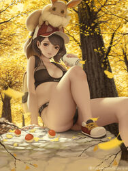  animal animal_on_head arm_support ass autumn_leaves backpack bag baseball_cap black_footwear black_panties breasts brown_eyes brown_hair cleavage commentary_request eevee elaine_(pokemon) falling_leaves female ginkgo_leaf hat leaf letdie1414 looking_at_viewer medium_breasts on_head outdoors panties parted_lips photoshop_(medium) poke_ball pokemon pokemon_(creature) pokemon_lgpe pokemon_on_head red_footwear rock shoes sitting smile sneakers sports_bra sweat thermos tree underwear underwear_only white_footwear 