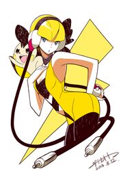  arm_up bare_shoulders blonde_hair blue_eyes choker commentary_request date_naoto dated elesa_(pokemon) emolga female halterneck hand_on_own_chest headphones highres holding holding_poke_ball leaning_forward lightning_bolt_symbol open_mouth pantyhose poke_ball poke_ball_(basic) pokemon pokemon_(creature) pokemon_bw short_hair signature simple_background strapless tube_top white_background 