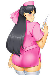  ass female kawanuma_uotsuri long_hair looking_back nurse smile syringe 