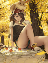  animal animal_on_head arm_support autumn_leaves backpack bag baseball_cap breasts brown_eyes brown_hair collarbone commentary eevee elaine_(pokemon) falling_leaves female ginkgo_leaf hat leaf letdie1414 looking_at_viewer medium_breasts nail_polish on_head outdoors panties parted_lips photoshop_(medium) pink_nails poke_ball pokemon pokemon_(creature) pokemon_lgpe pokemon_on_head rock shoes short_shorts shorts sitting smile sneakers thermos tree underwear upshorts white_panties 