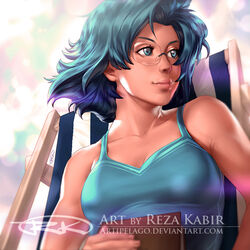  artist_name bishoujo_senshi_sailor_moon blue_eyes blue_hair book breasts camisole commentary_request deck_chair deviantart_username eyebrows female glasses light_smile lips looking_away medium_breasts mizuno_ami nose photoshop_(medium) realistic rimless_eyewear short_hair solo tan the_art_mage upper_body watermark web_address 