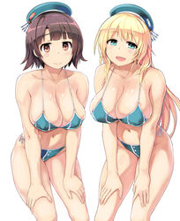  2girls atago_(kancolle) beret bikini black_hair blonde_hair blue_bikini blush breasts brown_eyes cleavage commentary_request green_eyes hands_on_own_thighs hat highres kantai_collection large_breasts leaning_forward long_hair looking_at_viewer multiple_girls navel open_mouth short_hair side-tie_bikini_bottom smile swimsuit takao_(kancolle) yuugiri_(u-slash) 