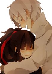  1boy azami_(kagerou_project) bad_id bad_pixiv_id black_hair closed_eyes couple female grey_hair hinakiki hug kagerou_project long_hair smile straight tears tsukihiko_(kagerou_project) 