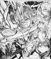  2girls 5boys bangs borr cardigan collared_shirt cosplay eyebrows_visible_through_hair formal greyscale gridman_(ssss) gridman_(ssss)_(cosplay) headphones hibiki_yuuta long_hair long_sleeves mask max_(ssss.gridman) monochrome multiple_boys multiple_girls samurai_calibur school_uniform shinjou_akane shirt short_hair ssss.gridman suit sweater takarada_rikka twintails vit wing_collar 