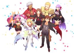  3boys 4girls archer_(cool_and_wild)_(fate) archer_(fate) bb_(fate) bb_(fate/extra) commentary_request fate/extra fate/extra_ccc fate_(series) gilgamesh_(fate) hair_slicked_back highres kishinami_hakuno_(female) kishinami_hakuno_(male) multiple_boys multiple_girls nero_claudius_(bride)_(fate) nero_claudius_(fate) official_alternate_costume ookami_maito star_(symbol) tamamo_(fate) tamamo_no_mae_(fate/extra) tamamo_no_mae_(sable_mage)_(fate) waving 