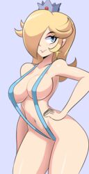  alternate_costume aqua_background aqua_eyes aqua_one-piece_swimsuit arm_at_side armpits bad_id bad_tumblr_id bigdead blonde_hair blue_gemstone blush breasts center_opening collarbone contrapposto cowboy_shot crown earrings female flipped_hair from_side gem groin hair_over_one_eye hand_on_own_hip highres hip_focus jewelry large_breasts lips long_hair looking_at_viewer mario_(series) navel one-piece_swimsuit parted_bangs parted_lips red_gemstone rosalina shiny_skin sideboob sideways_glance simple_background slingshot_swimsuit smile solo standing strap_gap super_mario_galaxy swimsuit thick_thighs thighs 