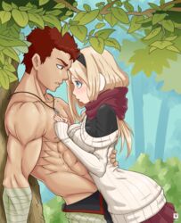  1boy abs against_tree blonde_hair blue_eyes blush breast_press breasts commentary day dress earmuffs english_commentary eye_contact face-to-face female forest from_side hug kawa-v kazan_(kawa-v) large_breasts leiko_(kawa-v) long_hair looking_at_another muscular nature nose_blush original outdoors red_eyes red_hair ribbed_sweater scarf sleeves_past_wrists sweater sweater_dress topless_male tree 