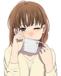  allergy blush brown_hair commentary female hay_fever long_hair mask mask_around_one_ear mask_pull mattaku_mousuke mouth_mask one_eye_closed original runny_nose simple_background snot solo surgical_mask tears upper_body white_background white_mask 