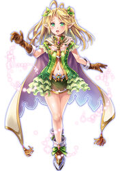  blonde_hair breasts brown_gloves cape commentary_request dress earrings elf female frilled_sleeves frills full_body gloves green_eyes green_ribbons hair_ribbon highres jewelry long_hair looking_at_viewer makirin miniskirt navel open_mouth original photoshop_(medium) pointy_ears ribbon shoes short_dress short_sleeves simple_background skirt small_breasts solo sparkle teeth twintails white_background 