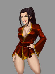  avatar:_the_last_airbender avatar_(series) azula bare_legs black_hair breasts cleavage female female highres long_hair long_sleeves looking_at_viewer makeup medium_breasts naked_robe ponytail princess robe royal shiny shiny_clothes shiny_hair shiny_skin sleepwear slender_waist smile smug sunsetriders7 yellow_eyes 