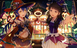  2girls alternate_costume belt blue_hair blush bow cape commentary_request english_text fingerless_gloves gloves halloween hat hat_bow highres jack-o&#039;-lantern long_hair looking_at_viewer love_live! love_live!_school_idol_project lu&quot; midriff mimori_suzuko multiple_girls navel night one_eye_closed skirt sonoda_umi star_(sky) star_(symbol) star_print striped_clothes striped_thighhighs thighhighs trick_or_treat voice_actor voice_actor_connection witch_hat yellow_eyes 