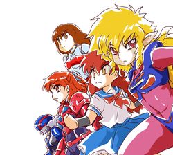  80s anice_farm armor blonde_hair bodysuit brown_eyes brown_hair bubblegum_crisis character_request chouon_senshi_borgman copyright_request leina_stol machine_robo machine_robo_chronos_no_gyakushuu magami_eiko multiple_girls okuri_ookami oldschool project_a-ko red_hair school_uniform uniform 