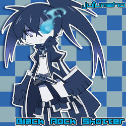  artist_name bikini bikini_top_only black_rock_shooter black_rock_shooter_(character) black_shorts blue_eyes blue_hair character_name checkered_background colored_skin commentary female flaming_eye frown gloves hood hoodie jujumaho_(nanigaxila) long_coat long_hair no_shirt open_clothes panty_&amp;_stocking_with_garterbelt parody photoshop_(medium) short_shorts shorts solo style_parody swimsuit twintails white_skin 