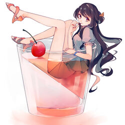  banned_artist black_hair brown_eyes casual cherry contemporary drink food fruit glass high_heels kantai_collection long_hair minigirl multicolored_hair naganami_(kantai_collection) pink_hair sayori_(oskn) 