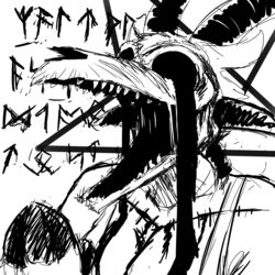  1:1 anthro baphomet_(deity) black_and_white black_eyes bovid breasts caprine caprine_demon cleavage clothed clothing deity demon female futhark goat_demon hi_res hladilnik horn lucy_(hladilnik) mammal monochrome nightmare_fuel norse_runes open_mouth praying reaction_image runes scar sharp_teeth solo teeth text y_incision 