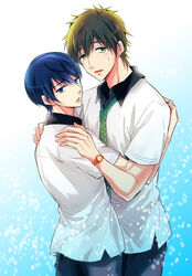  2boys bad_id bad_pixiv_id blue_eyes blue_hair blush brown_hair free! gaon_(hisuikairou) green_eyes hug iwatobi_high_school_uniform male_focus multiple_boys nanase_haruka_(free!) necktie photoshop_(medium) school_uniform sweat tachibana_makoto yaoi 