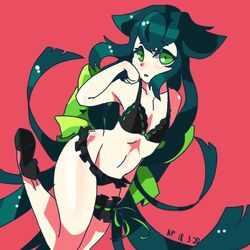  absurdly_long_hair bikini black_bikini female frilled_bikini frills gatchaman gatchaman_crowds green_eyes green_hair high_heels leg_garter long_hair low-tied_long_hair matching_hair/eyes solo swimsuit tied_hair utsutsu very_long_hair 