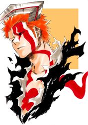  1boy alternate_form black_sclera bleach bleach:_sennen_kessen-hen closed_mouth collarbone colored_sclera demon_horns highres hollow_(bleach) horn_of_salvation horns ken&#039;ichi_(ken1ro_u) kurosaki_ichigo looking_at_viewer male_focus orange_hair red_eyes simple_background single_horn solo spoilers tattoo torn_clothes upper_body 