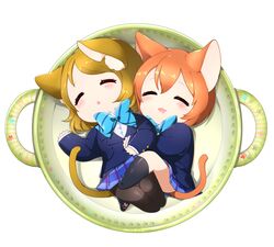  2girls :3 animal_ears blazer brown_hair cat_ears cat_tail chibi commentary_request drooling hoshizora_rin hug in_container jacket kemonomimi_mode koizumi_hanayo love_live! love_live!_school_idol_project multiple_girls neko_nabe ng_(kimjae737) open_mouth orange_hair otonokizaka_school_uniform pantyhose paw_print plaid plaid_skirt pleated_skirt pot ribbon saliva school_uniform short_hair skirt sleeping tail 