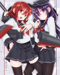  2girls akatsuki_(kancolle) black_eyes black_hair brown_eyes brown_hair commentary_request etsuo hair_ornament hairclip hat ikazuchi_(kancolle) kantai_collection long_hair machinery multiple_girls oerba_yun_fang pantyhose photoshop_(medium) school_uniform serafuku short_hair smile thighhighs turret 