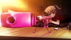  brown_hair computer fumio game_cg grisaia_no_kajitsu gun irisu_makina phone red_eyes weapon 