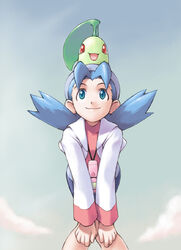  blue_eyes blue_hair chikorita commentary_request female furuu hat marina_(pokemon) pokemon pokemon_(anime) pokemon_(classic_anime) pokemon_(creature) red_eyes twintails 