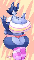  2018 absurd_res alternate_species anthro big_breasts bottomwear breasts busty_bird cleavage clothed clothing curvy_figure eyelashes female hair hi_res huge_breasts hyper hyper_breasts jaeh lagomorph legwear leporid mammal rabbit shorts stockings thick_thighs voluptuous wide_hips 