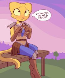  2018 2_frame_animation 2d_animation aliasing animated anthro armor blush clothed clothing daww dialogue digital_media_(artwork) english_text felid female fur hi_res katia_managan khajiit mammal microsoft prequel_adventure raydio shaded short_playtime solo text the_elder_scrolls yellow_body yellow_fur 