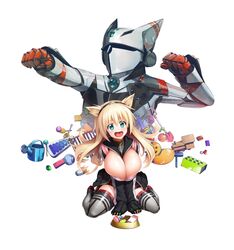  armor asahi blonde_hair blush breasts candy cecilia_cello chocolate female food green_eyes happy huge_breasts lilith-soft long_hair mecha open_mouth saliva shiny shiny_skin sitting smile taimanin_(series) taimanin_rpgx toys 