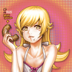  bad_id bad_pixiv_id blonde_hair burunuu_(bullnukko) doughnut eating female food food_on_face long_hair mister_donut monogatari_(series) nisemonogatari oerba_yun_fang oshino_shinobu solo yellow_eyes 