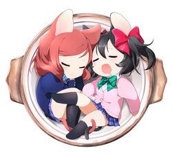  2girls animal_ears black_hair blazer cat_ears cat_tail chibi commentary_request drooling hair_ribbon in_container jacket kemonomimi_mode love_live! love_live!_school_idol_project multiple_girls neko_nabe ng_(kimjae737) nishikino_maki open_mouth otonokizaka_school_uniform plaid plaid_skirt pleated_skirt pot red_hair ribbon saliva school_uniform skirt sleeping tail twintails wavy_mouth yazawa_nico yuri 