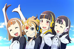  4girls :d ^_^ arm_up black_hair blonde_hair blunt_bangs blush breasts brown_hair closed_eyes cloud commentary_request cosplay crossover day emperor_penguin_(kemono_friends) emperor_penguin_(kemono_friends)_(cosplay) gentoo_penguin_(kemono_friends) gentoo_penguin_(kemono_friends)_(cosplay) grey_eyes grin headphones hood humboldt_penguin_(kemono_friends) humboldt_penguin_(kemono_friends)_(cosplay) kemono_friends kobuchizawa_shirase long_hair medium_breasts miyake_hinata multicolored_hair multiple_girls one_eye_closed open_mouth orange_hair outstretched_arm penguins_performance_project_(kemono_friends) pink_hair red_eyes rockhopper_penguin_(kemono_friends) rockhopper_penguin_(kemono_friends)_(cosplay) shiraishi_yuzuki short_hair sidelocks sky smile sora_yori_mo_tooi_basho streaked_hair tamaki_mari two-tone_hair ueyama_michirou zipper zipper_pull_tab 