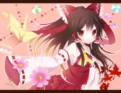  ascot autumn_leaves bare_shoulders bow brown_eyes brown_hair candy commentary_request detached_sleeves female flower food hair_tubes hairbow hakurei_reimu kokorominton letterboxed long_hair long_sleeves origami paper_crane red_bow sarashi shirt skirt skirt_set smile solo touhou wide_sleeves 