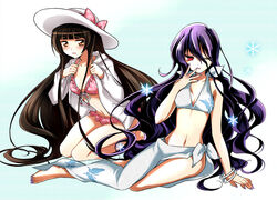  2girls ;p aosa_(michikusakan) barefoot bikini bikini_under_clothes black_hair blush bow bracelet breasts brown_eyes cleavage commentary_request front-tie_top hat hat_bow hood hoodie jewelry long_hair multiple_girls nail_polish navel nurarihyon_no_mago one_eye_closed purple_hair red_eyes ribbon setsura small_breasts smile snowflakes swimsuit toenail_polish toenails tongue tongue_out unzipped very_long_hair youhime 