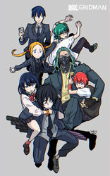  5boys 6+boys bangs black_footwear black_hair black_neckwear black_pants black_skirt black_suit blonde_hair blue_eyes blue_eyesglasses blue_hair borr bow bowtie breasts cardigan cellphone collared_shirt female fingerless_gloves formal gloves green_hair green_shirt grey_shirt hibiki_yuuta holding holding_cellphone holding_phone long_hair long_sleeves mask max_(ssss.gridman) medium_breasts miniskirt multiple_boys necktie open_clothes open_shirt orange_scrunchie pants phone pleated_skirt red_bow red_hair red_legwear red_neckwear samurai_calibur school_uniform scrunchie shirt shoes short_hair short_sleeves silver_hair skirt socks ssss.gridman suit sweater takarada_rikka thighs twintails utsumi_shou vit waistcoat white_cardigan white_shirt white_sweater wing_collar wrist_scrunchie yellow_shirt 