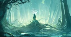  2016 anato_finnstark animal antlers backlighting blurry commentary_request deer depth_of_field fantasy forest glowing grass horns landscape mononoke_hime nature no_humans plant_roots scenery shishigami_(mononoke_hime) signature spirit studio_ghibli tree 