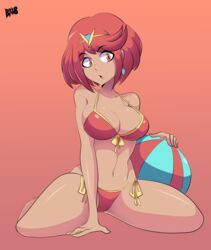  bad_id bad_tumblr_id ball bare_shoulders beachball bigdead bikini breasts cleavage collarbone earrings eyes_visible_through_hair female full_body gradient_background highres jewelry kneeling large_breasts navel open_mouth pyra_(xenoblade) red_background red_bikini red_eyes red_hair short_hair signature solo swept_bangs swimsuit tiara xenoblade_chronicles_(series) xenoblade_chronicles_2 