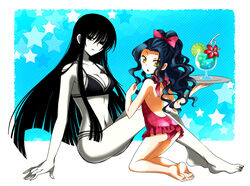  2girls :o aosa_(michikusakan) arm_support ass bikini black_eyes black_hair blue_hawaii bow breasts cleavage commentary_request daughter_of_kyoukotsu drink feet flower hagoromo_gitsune hairbow hibiscus kneeling long_hair medium_breasts multiple_girls navel nurarihyon_no_mago one-piece_swimsuit pale_skin sitting star_(symbol) swimsuit tray tropical_drink very_long_hair yellow_eyes 