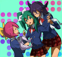  1boy 3girls :d ;) ascot bad_id bad_pixiv_id black_hair blazer brooch commentary_request cruz_schild disc_(needless) disembodied_head glasses green_eyes green_hair horns hug jacket jewelry kon_(kdash) long_sleeves mio_(needless) multiple_girls needless one_eye_closed open_mouth pink_eyes pink_hair plaid plaid_skirt pleated_skirt polka_dot polka_dot_background purple_eyes red-framed_eyewear red_skirt rin_(needless) school_uniform shaded_face short_hair simple_background skirt smile standing teeth 