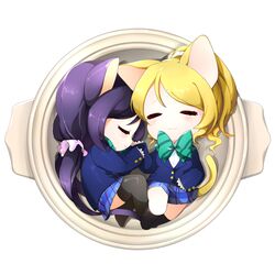  2girls animal_ears ayase_eli blazer blonde_hair cat_ears cat_tail chibi commentary_request cooking_pot in_container jacket kemonomimi_mode love_live! love_live!_school_idol_project multiple_girls neko_nabe ng_(kimjae737) otonokizaka_school_uniform plaid plaid_skirt pleated_skirt ponytail purple_hair ribbon school_uniform skirt sleeping tail tojo_nozomi twintails yuri 