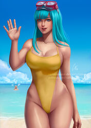  1boy artist_name artist_request bald bare_arms blue_hair blush breasts cleavage curvy dragon_ball dragon_ball_z female female happy highres hips kuririn large_breasts long_hair looking_at_viewer maron_(dragon_ball) navel nipple_slip nipples ocean one-piece_swimsuit open_mouth outdoors purple_eyes salute sky smile solo_focus straight swimming swimsuit teeth thick_thighs thighs wide_hips yellow_swimsuit 