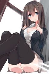  against_glass ass ass_on_glass black_thighhighs blazer blue_eyes breasts brown_hair buttons cleavage closed_mouth collarbone commentary_request dress_shirt edogawa_nao female frown glasses grey_skirt hair_between_eyes highres jacket knees_up large_breasts legs_together long_hair looking_at_viewer original pleated_skirt shirt sitting skirt solo sweatdrop thighhighs thighs transparent_seat unbuttoned undressing wavy_mouth white_shirt wing_collar zettai_ryouiki 