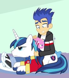  2015 annoyed blue_eyes blue_hair bow_(feature) bow_tie brush brushing brushing_hair clothing comb_(brush) cutie_mark dm29 duo equestria_girls equid equine feral flash_sentry_(eg) friendship_is_magic hair hairbrush hasbro holding_brush holding_comb holding_hairbrush holding_object horn human humor lying male mammal my_little_pony mythological_creature mythological_equine mythology personal_grooming shining_armor_(mlp) simple_background social_grooming styling_hair unicorn 