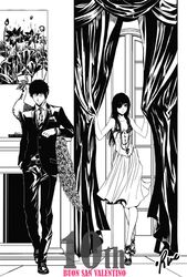  1boy bird breasts chrome_dokuro cleavage commentary curtains dress english_commentary eyepatch female fireplace flower formal greyscale hibari_kyouya italian_text katekyo_hitman_reborn! long_hair looking_at_viewer monochrome painting_(object) runesque suit window 