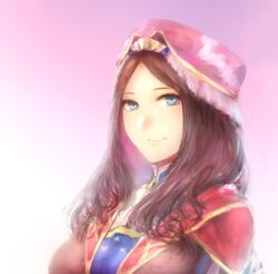  blue_eyes breasts brown_hair choker fate/grand_order fate_(series) female hat jacket leonardo_da_vinci_(fate/grand_order) long_hair looking_at_viewer medium_breasts smile solo upper_body 