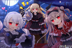  3girls black_bow black_dress black_footwear bow brown_hair castle commentary_request double_bun dress fantasy frilled_dress frills full_moon hair_bun hairbow hand_up heart heroic_songs! looking_at_viewer moon multiple_girls night night_sky oerba_yun_fang official_art outdoors photoshop_(medium) pointing pointing_at_viewer red_eyes single_hair_bun sky standing tougo vampire watermark white_bow white_hair wide_sleeves wings 