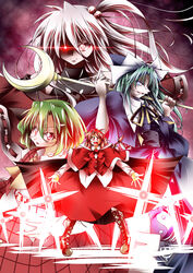  4girls aishuu_karasutengu carrying_over_shoulder commentary_request crescent cross eyes_in_shadow glowing glowing_eyes green_hair grey_hair highres kazami_yuuka magic_circle mima_(touhou) multiple_girls okazaki_yumemi photoshop_(medium) red_hair shaded_face shinki_(touhou) staff stage_connection touhou touhou_(pc-98) yin_yang 