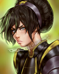  aged_up armor artist_name avatar:_the_last_airbender avatar_legends black_hair commentary_request female frown grey_eyes hair_bun hairband lips photoshop_(medium) raised_eyebrow signature single_hair_bun solo the_art_mage toph_bei_fong upper_body watermark web_address 