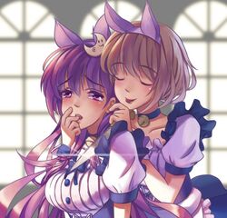  2girls :p alice_margatroid alternate_costume animal_ears apron blonde_hair breasts choker closed_eyes commentary_request crescent crescent_hair_ornament enmaided fake_animal_ears hair_ornament kemonomimi_mode knife long_hair maid medium_breasts multiple_girls patchouli_knowledge purple_eyes purple_hair rainbow2319682 reflection short_hair smile tears tongue tongue_out touhou window yuri 