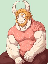  anthro asgore_dreemurr beard biceps biped blonde_hair boss_monster_(undertale) bottomwear bovid caprine clothed clothing facial_hair fur hair horn istani long_ears looking_at_viewer male mammal mature_anthro mature_male muscular muscular_anthro muscular_male pants pecs shirt simple_background sitting smile solo topwear undertale undertale_(series) white_body white_fur 